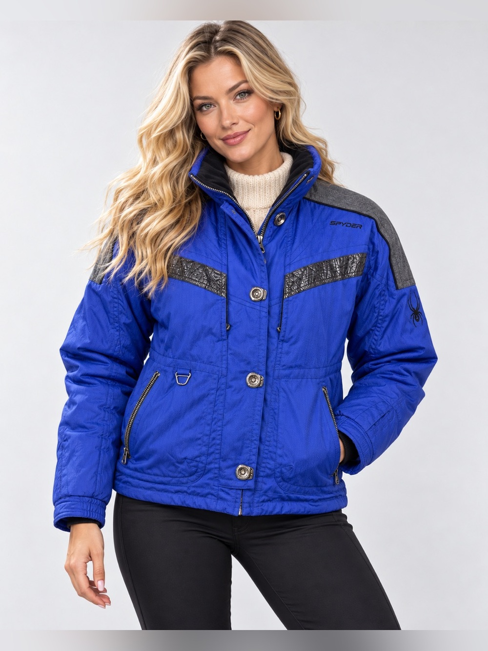 Vintage Spyder Women's Ski Jacket in Bright Blue with Gray Accents- Size 8